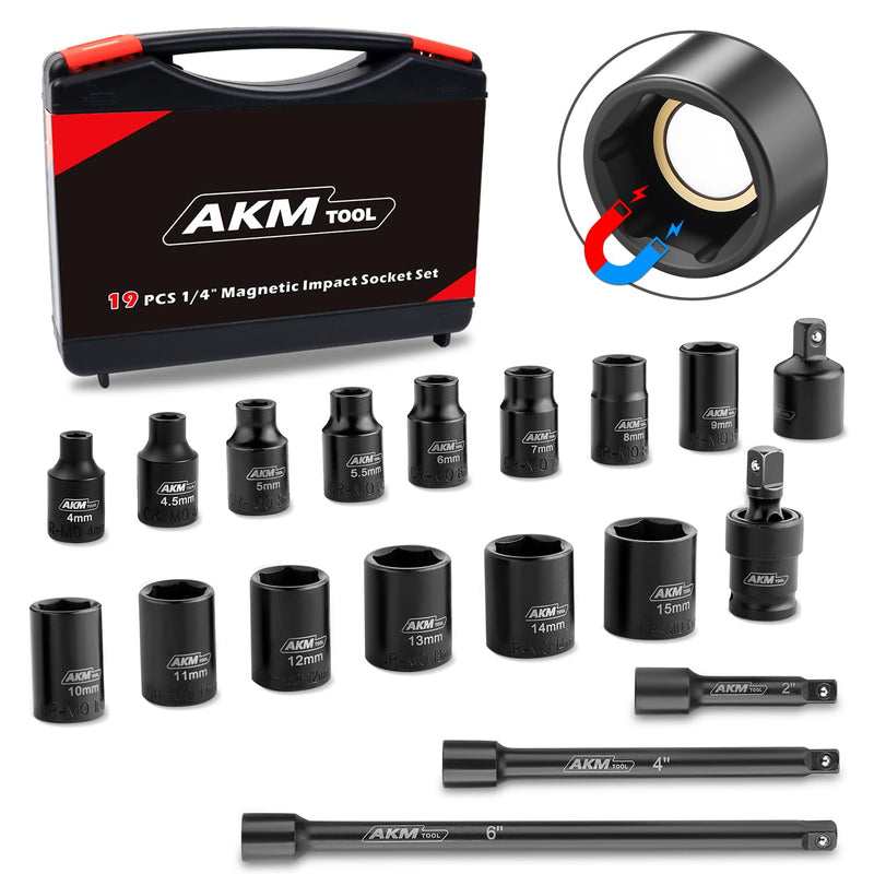 1/4 Inch Drive Magnetic Impact Socket Set, 19-Piece Metric, 4mm-15mm, 6 Point, Cr-Mo, Square Drive, Magnetic Socket with Adapter, Universal Joint & Extension 19PCS 1/4" Metric Magnetic Socket Set
