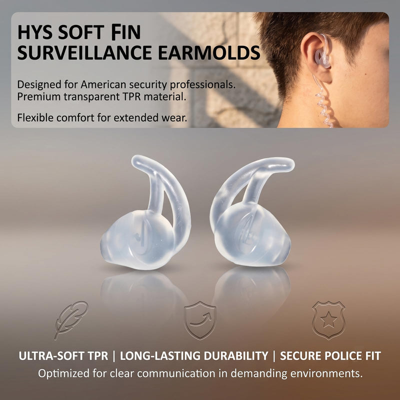 HYS Soft Fin Ear Mold for Acoustic Tube Surveillance Two Way Radio Earpiece | Comfortable&Durable Fits most acoustic coil tube audio kits replacing mushroom style earbuds for surveillance police earpiece Transparency 1 pair