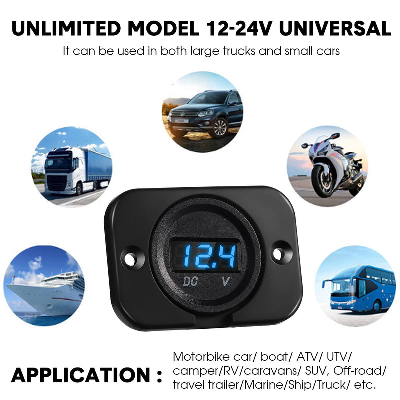BBTO 2 Pcs DC 12V 24V Waterproof Car Voltmeter with LED Digital Display Panel and Mounting Plate Round Voltage Gauge Meter with Terminal for Boat Marine Vehicle Motorcycle Truck ATV UTV (Blue Light) Blue Light