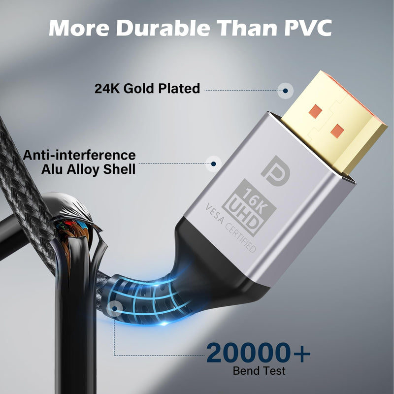 VESA Certified 16K DisplayPort Cable 2.1 20 Ft, 80Gbps [16K@60Hz, 8K@120Hz, 4K@240Hz@165Hz@144Hz] HDR10, HDCP DSC 1.2a 3D,Braided eARC DP 2.0/1.4 Cord FreeSync G-Sync for Gaming/PC/TV/Monitor/Graphics 20FT