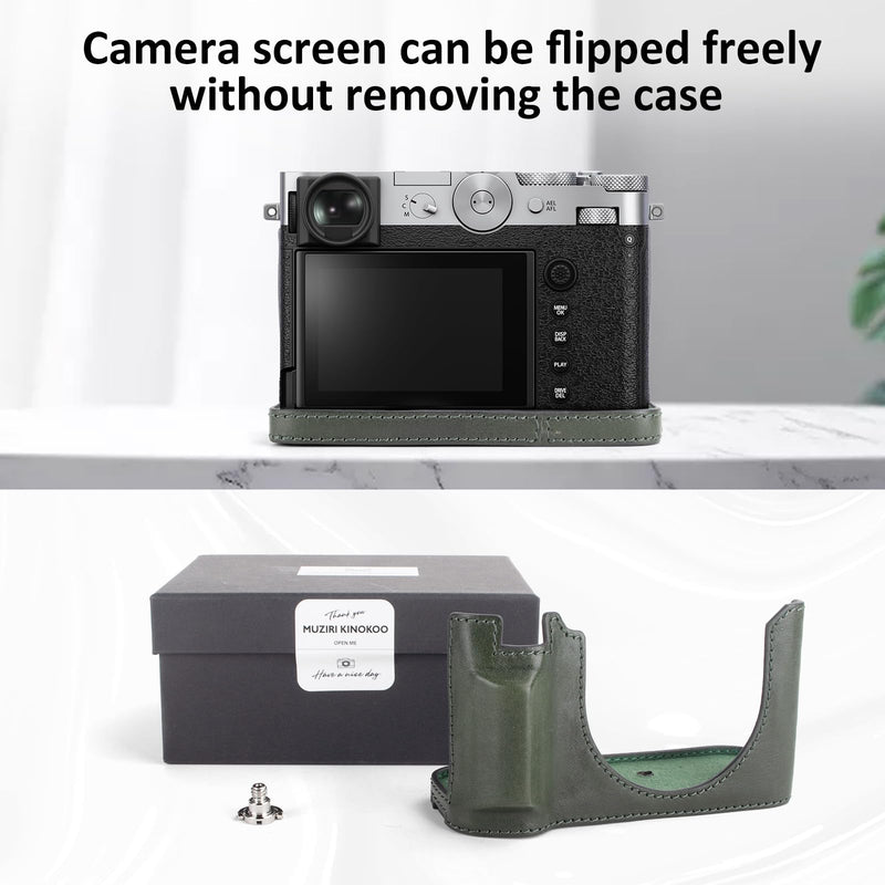 MUZIRI KINOKOO Fuji GFX100 RF Case, Genuine Leather Protective Half Case Compatible for Fuji GFX100 RF/GFX100RF Digital Camera - with Opening Bottom and Hand Grip Design - Green