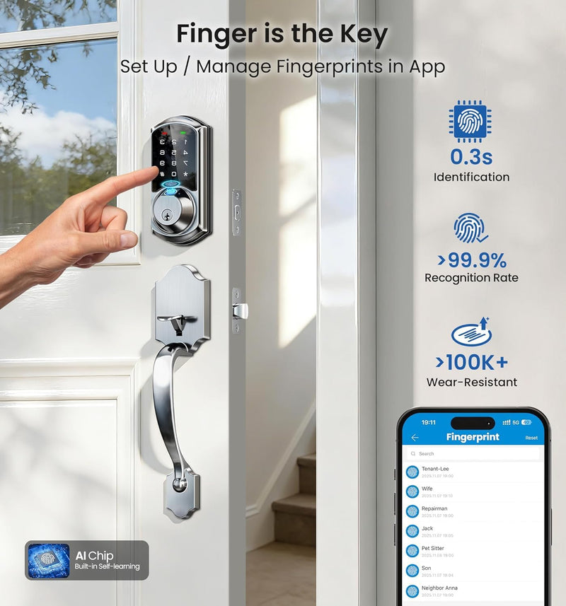 Veise VE07 Fingerprint Smart Door Lock, 7-in-1 Keyless Entry Deadbolt with App Control, Electronic Digital Touchscreen Keypad, Biometric Smart Locks for Front Door, Auto Lock, Satin Nickel