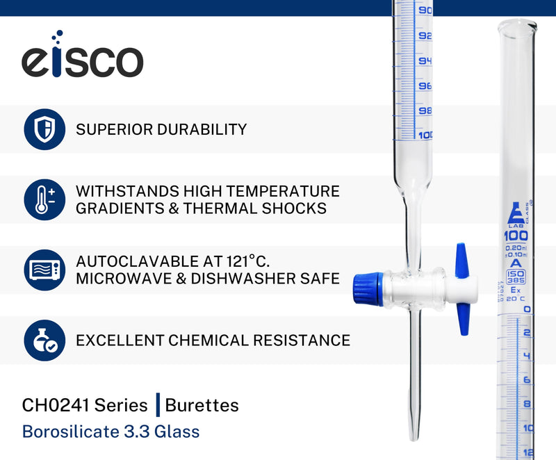 EISCO 100ml Schellbach Glass Burette - Class A - PTFE Stopcock