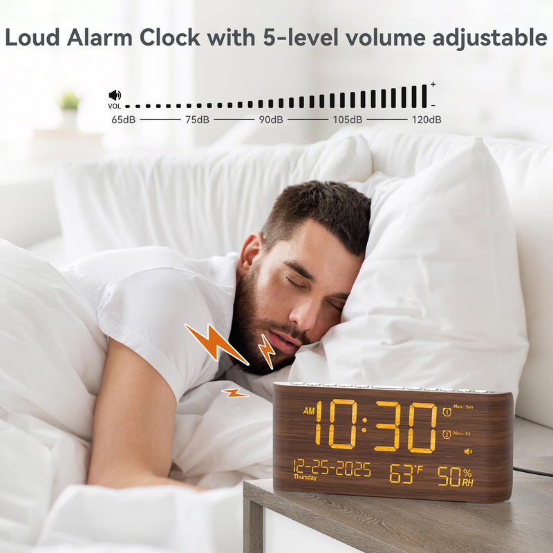 Mesqool Digital Alarm Clock with Dual Alarms, Temperature & Humidity Display, USB & Type-C Charging, 5-Level Brightness for Bedroom & Office