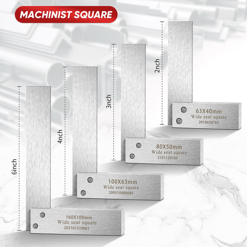 Machinist Square Set, 2", 3", 4" and 6" Squares Machinist Engineer Steel Benchmark Measure Tools High Precision 90 Degree Wide Base Tool L-Type Testing Measuring Tool 2", 3", 4" and 6"