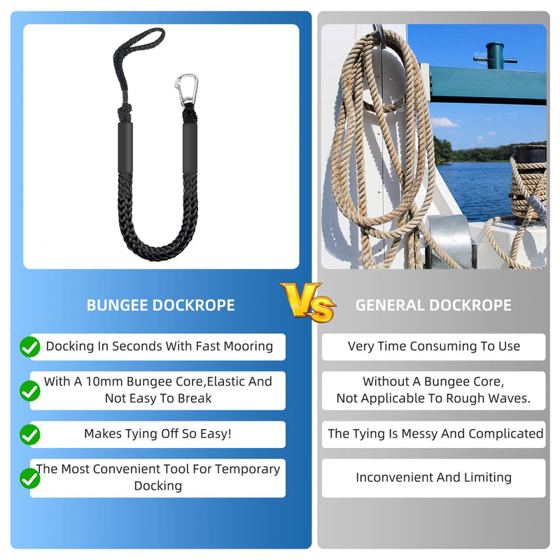 Bungee Dock Lines for Boats 3 FT, Heavy Duty Mooring Ropes with Clip, Shock Absorbing Tie Downs for Jet Ski, PWC, Kayak (2 Pack) Black 3ft
