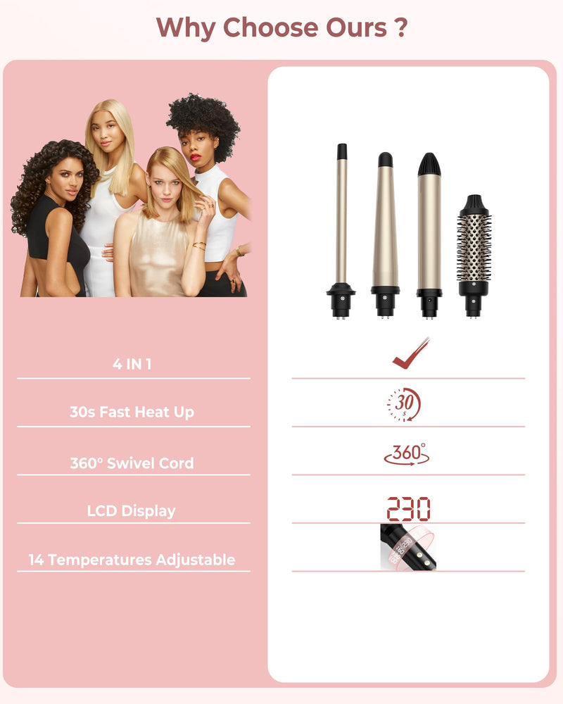 38mm Thermal Brush, UKLISS 4 in 1 Hot Hair Brush Set, 9/13-25/32mm Curling Iron for Short & Long Hair, 14 Temps LCD Display (210-450℉), 4 Interchangeable Barrels to Create Curls & Add Volume for Hair Classic Black(4 in 1 Set)