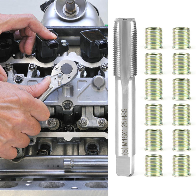 QWORK Spark Plug Thread Repair Tool Kit, Stainless Steel, Includes 12 M14 x 1.25 Inserts & M16 x 1.25 Thread Tap, High Hardness & Galvanized Surface