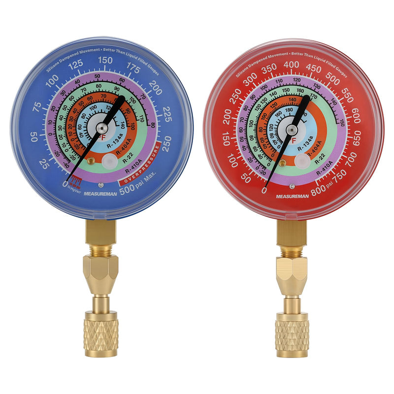 MEASUREMAN AC Manifold Gauge Set, 2-Way HVAC Diagnostic Tool for R410A, R22, R404A, R134a Refrigerants with Hoses, 3-1/8" Gauges, Class 1.6 Accuracy 30 inHg-500 PSI + 0-800 PSI