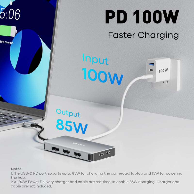 UANTIN USB C Docking Station Dual Monitor, Laptop Docking Station 3 Monitor | 8 in 1 USBC Hub Triple Display USB C Adapter to 4K@60Hz Dual HDMI, DP, 2 USBA & USBC, 100W PD, for Dell,HP 11.8inch