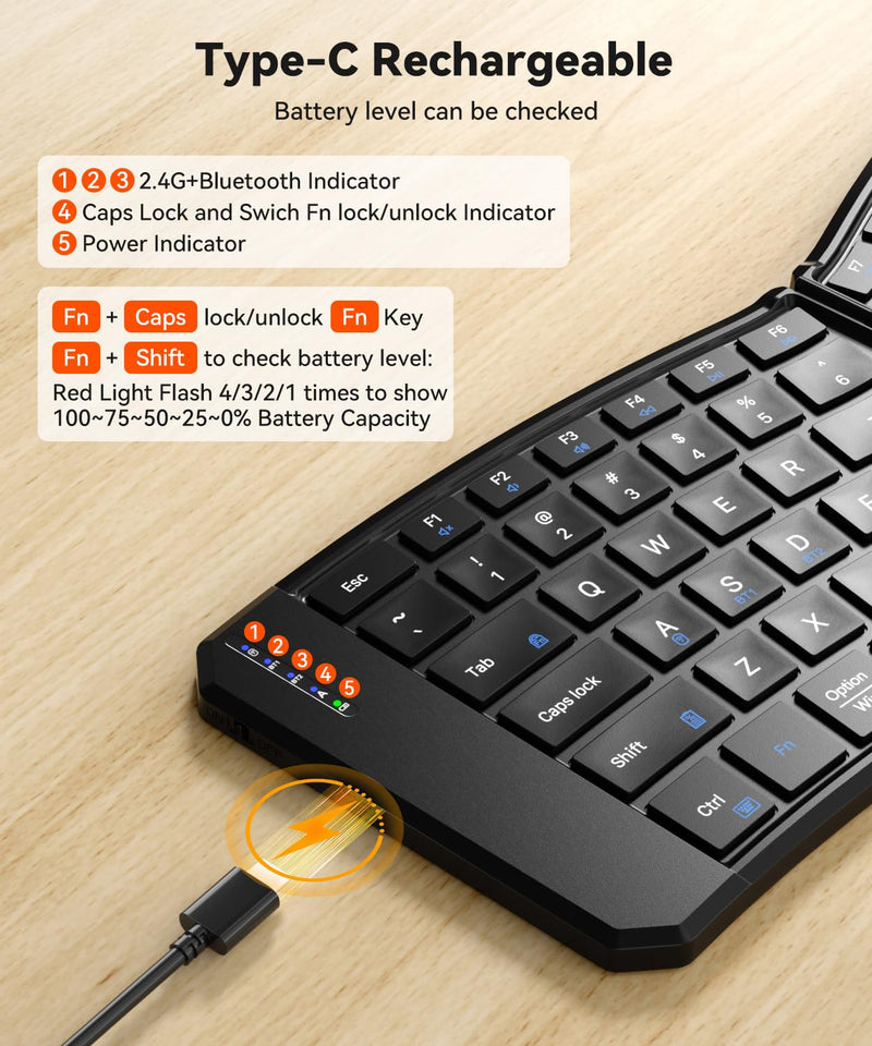 Ergonomic Foldable Keyboard, 3-Device Dual Mode 2.4G & Bluetooth | Ultra-Slim Portable Wireless Design for Travel&Lap Use, Connects up to 3 Devices, Compatible with iOS, Android, Windows