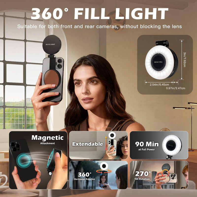 3-in-1 Magnetic Beauty Selfie Light for Phones, with 2.4" Mirror Magnetic Selfie Light, Adjusted 3 Modes, Rechargeable Fill Light for Selfies, for Photography,Makeup,Vlog,TikTok,Video(Black)