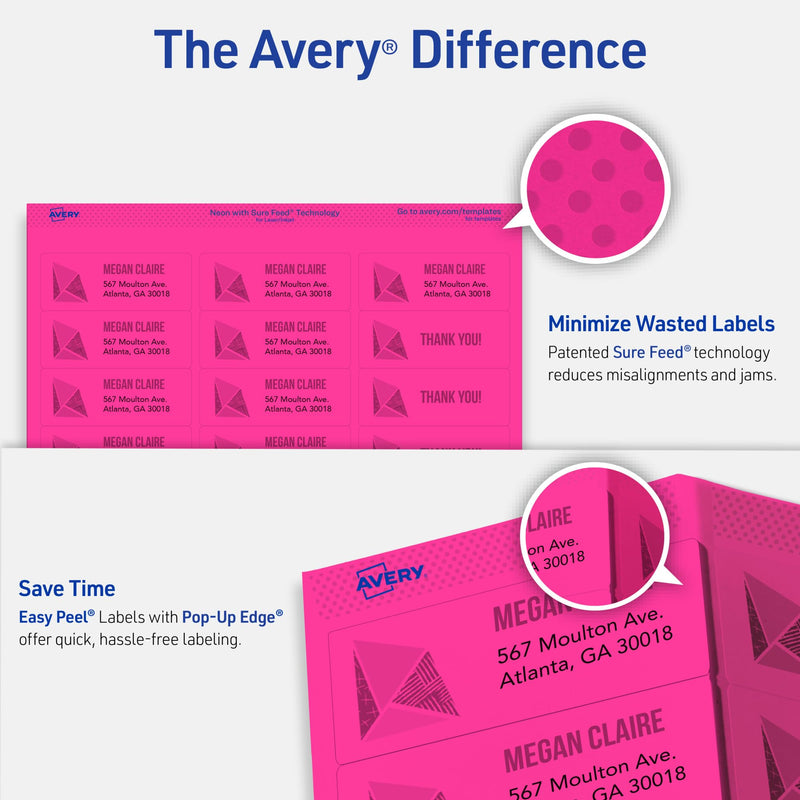 Avery Printable Labels with Sure Feed, 2" x 4", Assorted Neon Colors (Green, Magenta, and Yellow), Removable Adhesive, Laser & Inkjet Compatible, 120 Blank Labels Total (6481) 2" x 4" 1 Pack