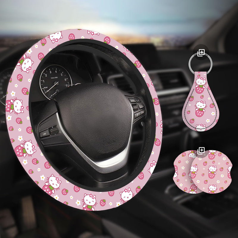 Kitty Accessories Car, Strawberry Pink Cat Wheel Cover, Y2K Car Accessories, Girly Steering Wheel Cover, Universal Fit 14.5-15 inch Auto SUV Vans Trucks, Anti-Slip and Sweat Absorption