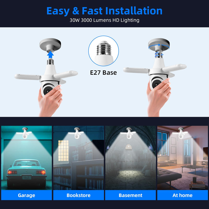TOWODE Light Bulb Security Camer,LED Light Bulb Camera 3MP HD Smart Garage Security Camera with AI Human Detection,Two-Way Audio,Color Night Vision,Compatible with Alexa（with 64G TFcard） 1