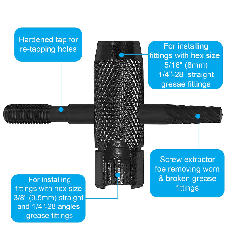 NOVINO Grease Zerk Tool,4 Way Zerk Grease Fittings Removal Tool Fit 1/4"-28 SAE,1/8"-NPT,M10x1 M8x1 and Hex Size 3/8" 5/16" 7/16" for Remove Install Rethread Damaged Fitting Black