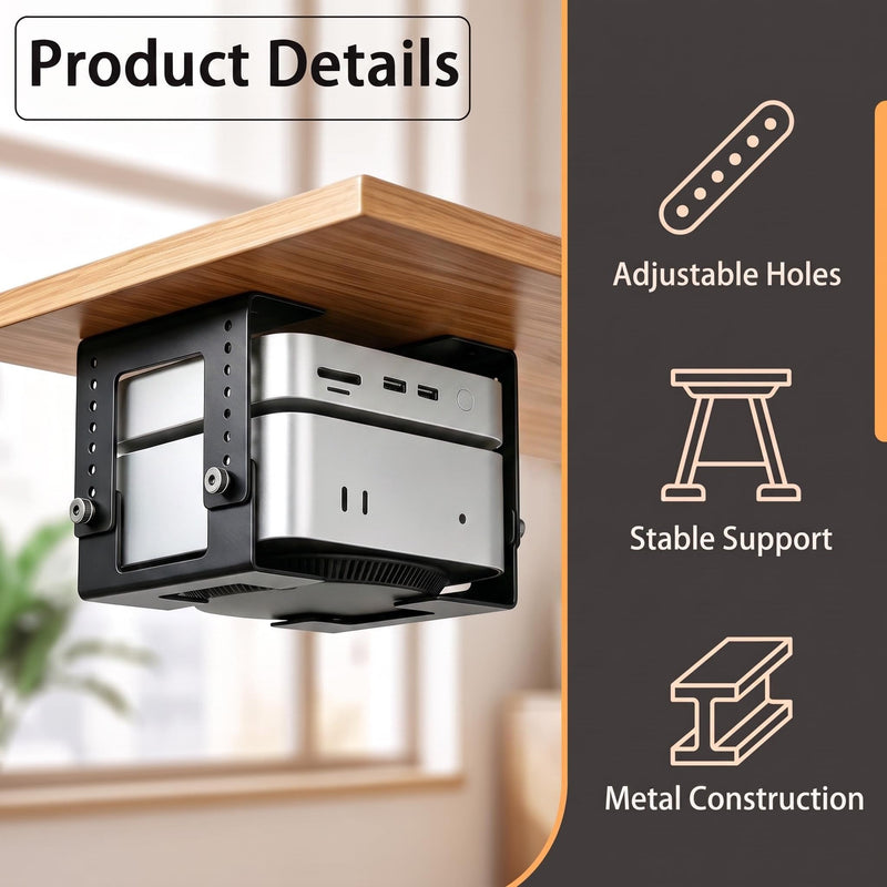 8-Level Height Adjustable Metal Under Desk Mini PC Mount Bracket | 1.8" to 3.9" height adjustable, with two different interchangeable lower components, Side Port Design, Space-Saving
