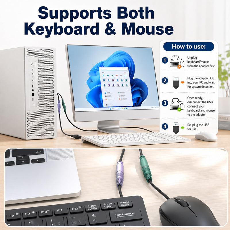 PS2 to USB Adapter PS/2 to USB Adapter Converter | Passive USB to PS2 Adapter for PC Laptop USB Male to Dual PS/2(Mini-DIN 6-pin) Female Cable for Keyboard and Mouse