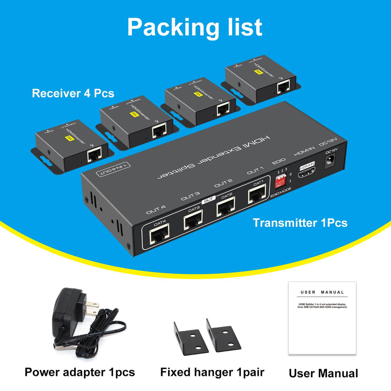 VPFET HDMI Extender Splitter Up to 165ft 1 in 4 Out Over Cat5e or 6 or 7 Repeater Balun Ethernet Sender Transmitter Receiver Support 1080p EDID Presets POC is Only Need TX Power for Work