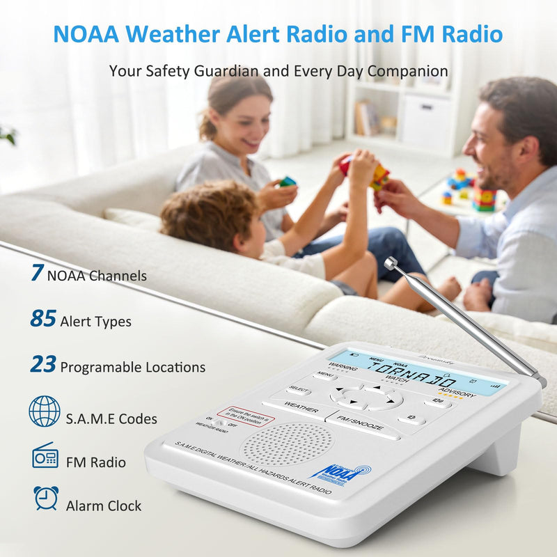 DreamSky Weather Radio NOAA Alert with Battery Backup & FM Radio for Home | S.A.M.E. Localized County Code Programming, 80+ All Hazards Emergency Alerts, 3 Alert Tones, Plug in Radios & Alarm Clock White