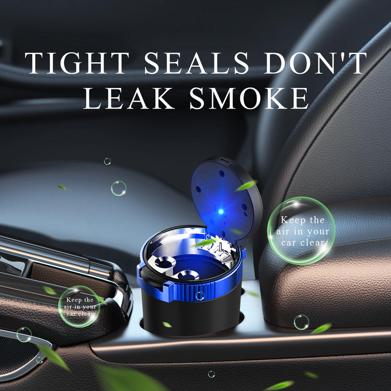 Car Ashtray with Lid, Detachable Stainless Steel Ash Tray with LED Blue Light, Portable Mini Vehicle Cup Holder Trash Can Smell Proof Ashtray Cup, Universal Car Accessories (Blue)
