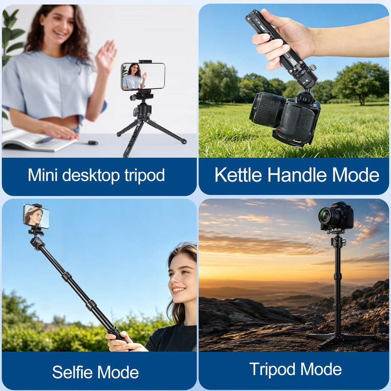 Koolehaoda 3-in-1 Mini Tripod Selfie Stick with Ball Head for Camera Phone | Cold Shoe Mount, 360° Rotation, Extension Pole 7.87"-23.2", Mantis Hook, Aluminum 480g, for Vlogging DSLR Action Cam Travel