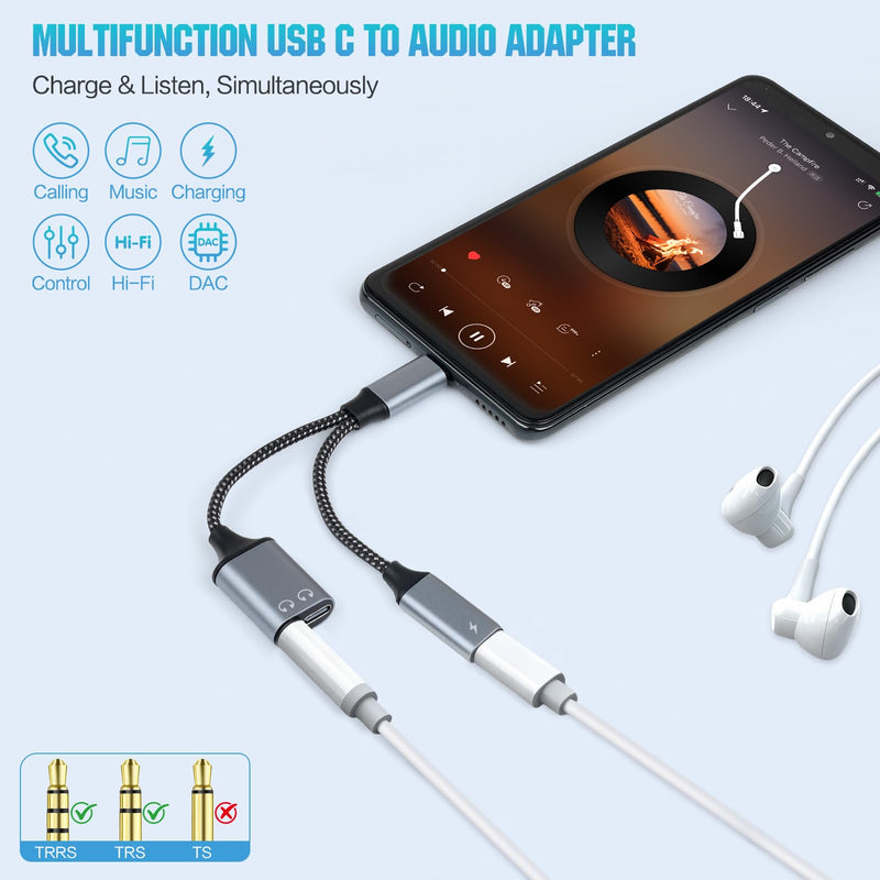 USB-C to 3.5mm Headphone Adapter, Supports 60W PD Fast Charging, 3-in-1 Type-C to AUX, Type-C Audio Interface and USB-C Charging, Hi-Fi DAC Sound Quality, Compatible with iPhone 15 and Samsung S24.