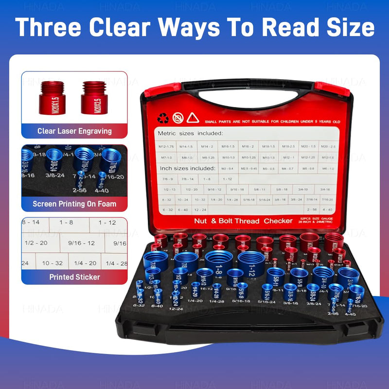 52PCS Nut and Bolt Thread Checker, 28 Inch & 24 Metric Box Set Thread Gauge, Thread Checker Kit in Standard and Metric Suitable for Nut Bolt Size Finder on Tricky and Narrow Area 52pcs