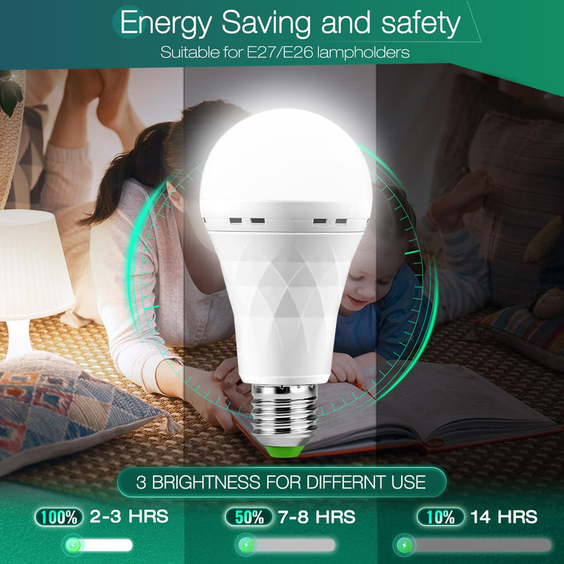 Emergency-Rechargeable Light Bulb with Hook,Stay Lights Up When Power Failure, 1500mAh 12W 60W Equivalent LED Light Bulbs for Home, Camping, Hiking(E27, with Hook,with Plug Cap) 6 Pack ZS6P