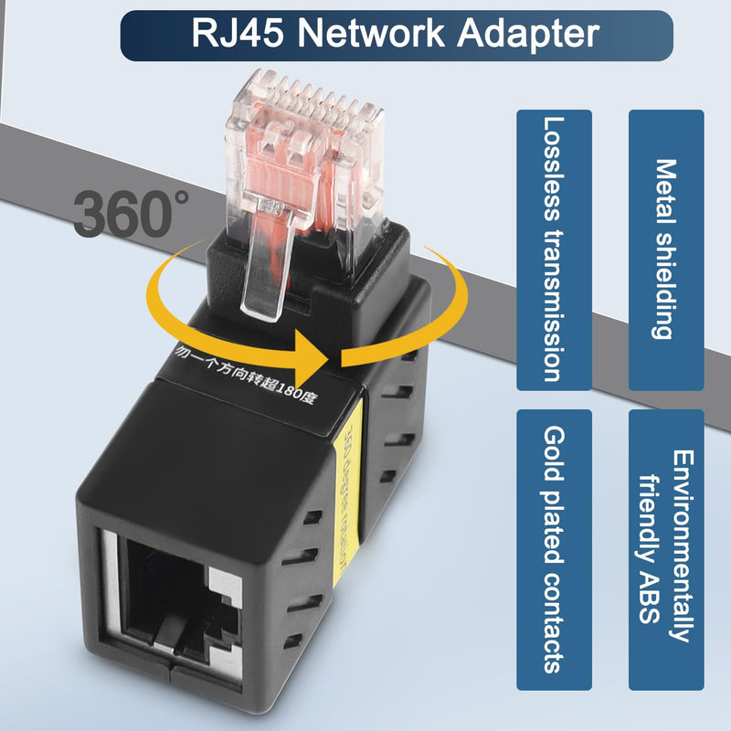 2 Pcs 360 Degree Ethernet Adapter，Gigabit 90 Degree Angle Network LAN Cat5 Cat6 Extension Adapter，1000Mbps RJ45 8P8C Male to Female Connector for Computers, Laptops, Routers