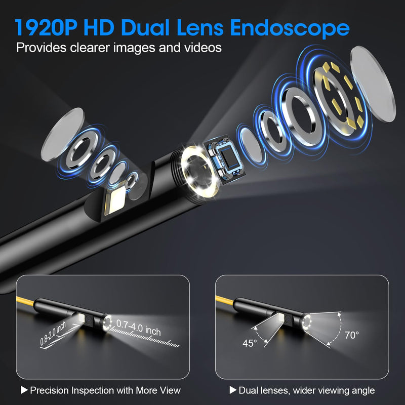 Endoscope with Light, 1920P HD Borescope with 8 Adjustable LED Lights, 32.8FT Semi-Rigid Snake Camera, IP67 Waterproof Inspection Tool for iPhone & Android - Dual Lens