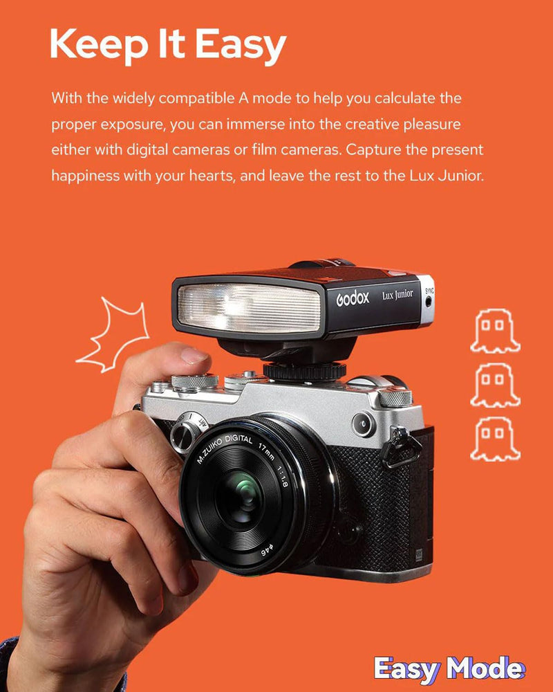 Godox Lux Junior Retro Camera Flash with Diffuser, Speedlite GN12 6000K±200K CCT, Automatic and Manual Modes 1/1-1/64 Flash Power, 28mm Focal Length for Canon Nikon Sony Fuji Olympus Hot Shoe Cameras Grey