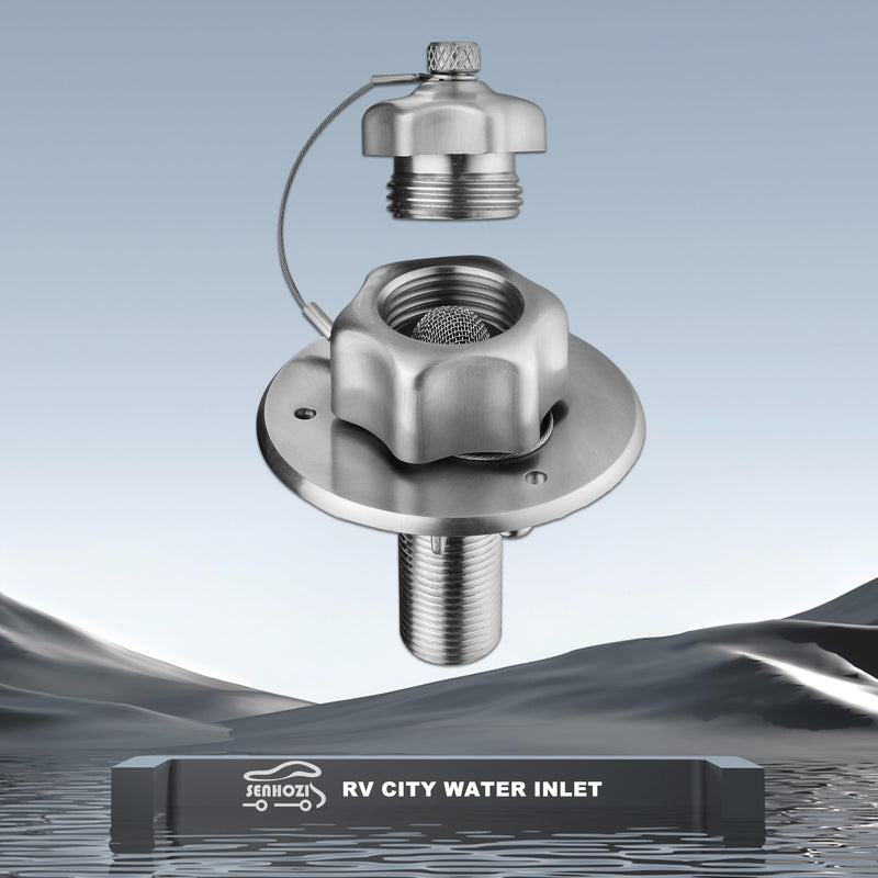 RV City Water Inlet with Check Valve, All Metal RV Water Inlet with 3/4 GHT Female 1/2 NPT Male Connection. RV Water Inlet Replacement for Camper Motorhome Trailer Marine, SE004BN