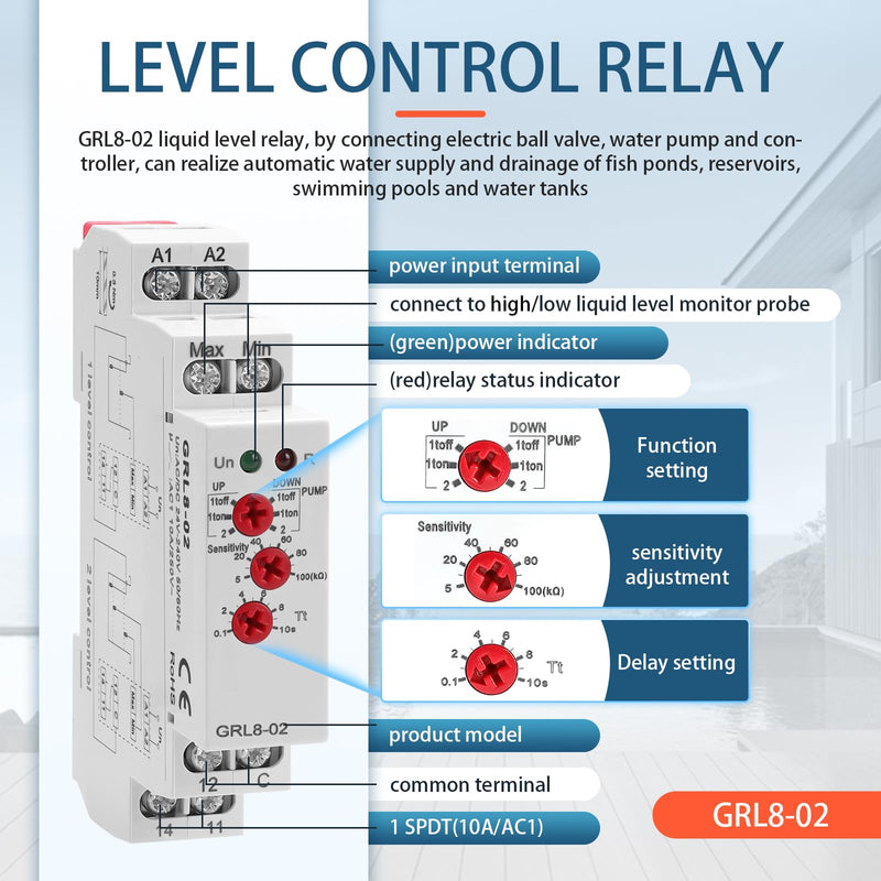 10A Liquid Level Control Relay GRL8-02 AC/DC 24V-240V Water Level Sensor Control Relay with 0.1S-10S Adjustable Time, Automatic UP and Down Liquid Level Controller with 5ft Detector Sensor 1*GRL8-02-AC/DC 24V-240V +3pcs 5ft Detector Sensor