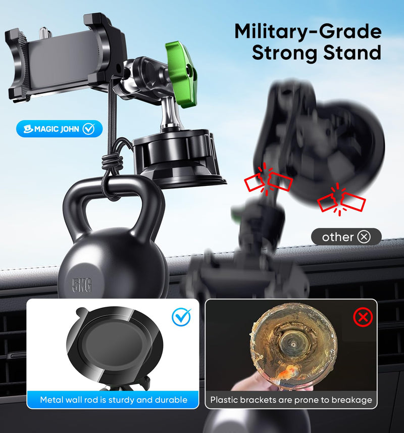 MAGIC JOHN Car Phone Holder, Ultra-Durable Mteal Phone Holders for Your Car, 360° Rotation Cell Phone Car Mount for Windshield, Suction Cup Car Phone Mount for iPhone Samsung All Smartphone Extended