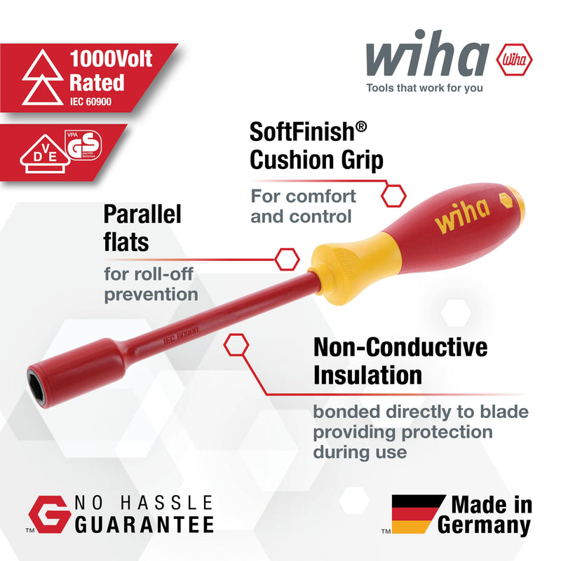 Wiha 32292 Insulated Nut Driver Set, Inch, 1000 Volt, 5 Piece Insulated Nut Driver SAE Set, 5 Piece
