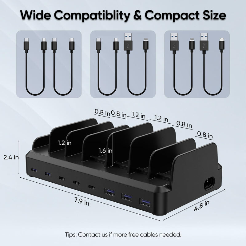 Lcssio 300W Charging Station for Multiple Devices, 8 Port Fast Charger | Fast Charging, Safety Certified, Compact Design, Organized Charging, Multiple Devices at Once, With 6 Cables Black