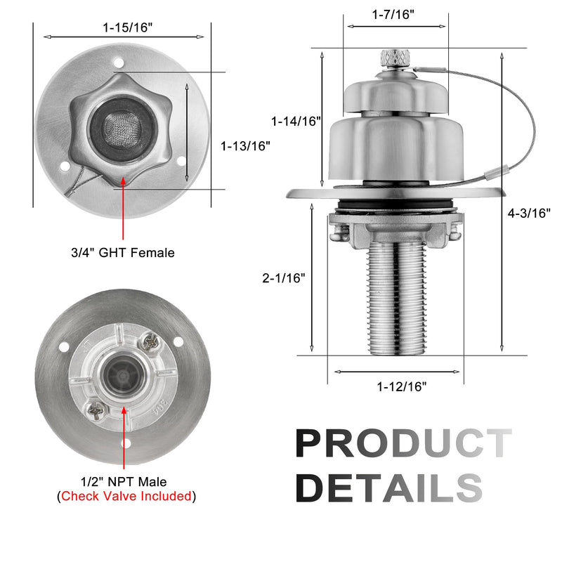 RV City Water Inlet with Check Valve, All Metal RV Water Inlet with 3/4 GHT Female 1/2 NPT Male Connection. RV Water Inlet Replacement for Camper Motorhome Trailer Marine, SE004BN