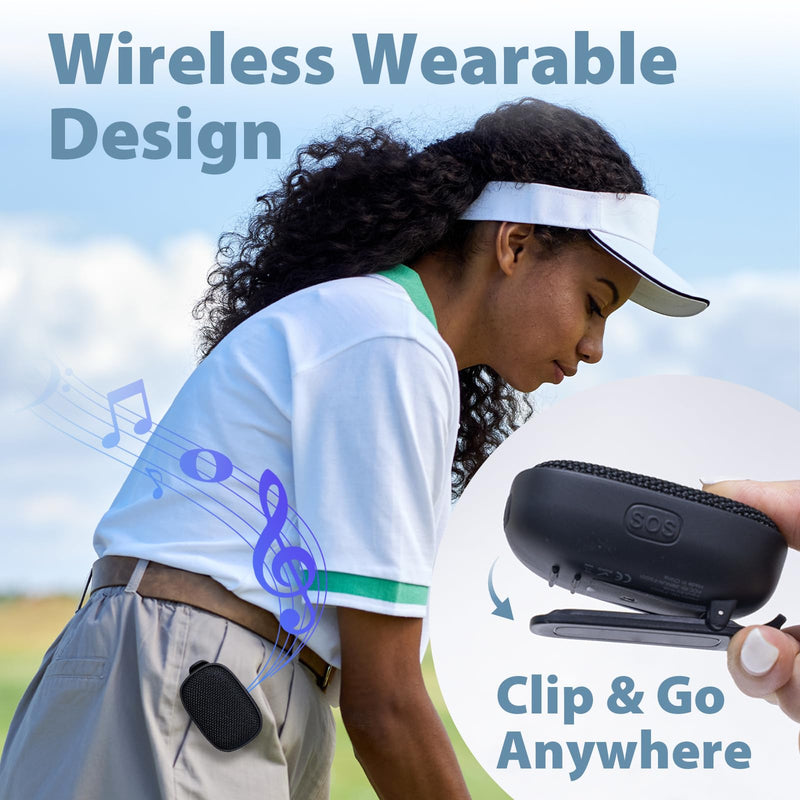 Travel Depot Wearable Bluetooth Speaker with Clip, Mini, Black | Portable Waterproof Wireless Speaker w/Mic for Hands-Free Calls & SOS Safety Feature, Mini Speaker for Outdoor Golf Work Pool