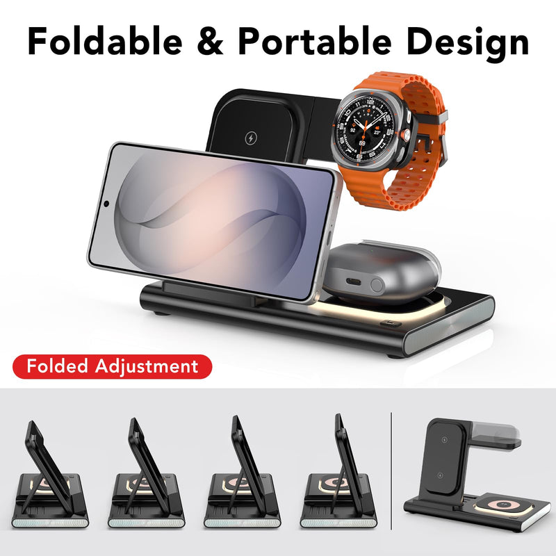 Wireless Charger for Samsung Charging Station, Foldable & Nightlight | 3 in 1 Charging Station for Samsung S26-S10/Note/Z Fold Flip8,Travel Charger for Galaxy Watch 8-1/Buds,Not for Watch 9/Ultra2 black