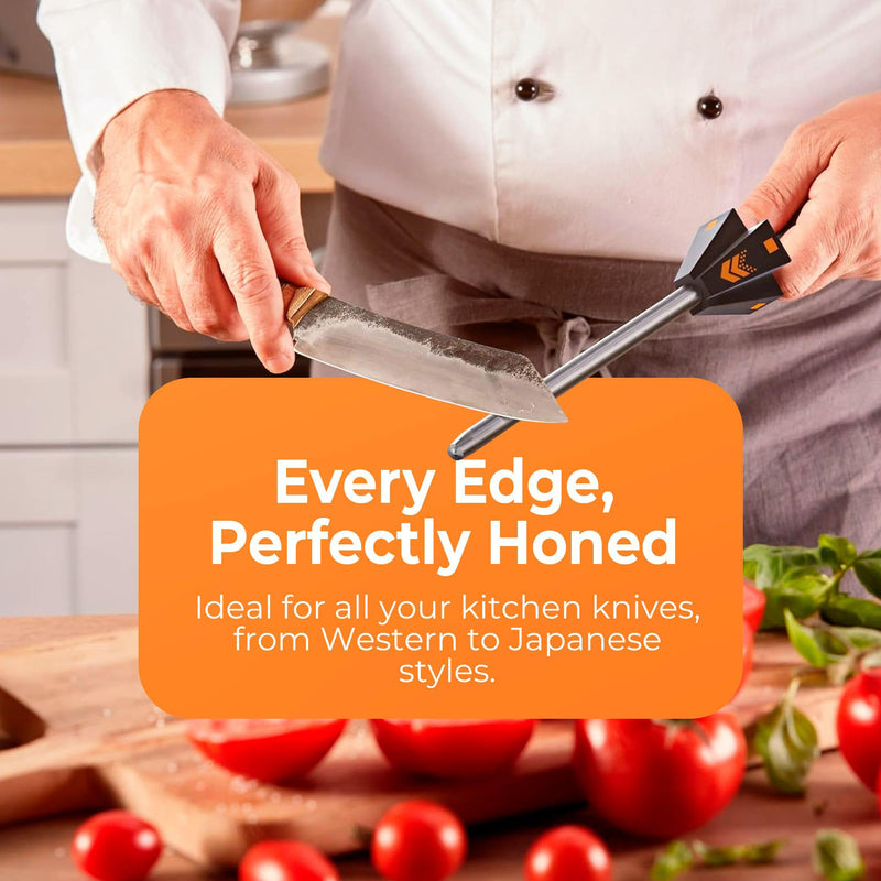 Orange Ninja Knife Honing Rod 10-inch with Adjustable Angle Guides 17° & 20°- Premium Quality Sharpening Steel Sharpener to keep Kitchen Knives Sharp