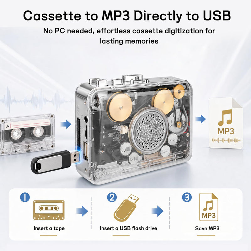 Copper Wheel Movement＆Earphone,Cassette Tape to MP3 Converter with Tape Converter Software,Powered by USB Power Cord or AA Battery (Silver) silver