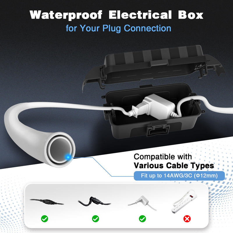 FLEMOON [2 Pack] IP55 Outdoor Electrical Box Waterproof with Detachable Awning Covers, 8.3 x 4.1 x 3.7 inch Weatherproof Extension Cord Cover, Easy Installation for Outdoor Plug, String Lights, Black 2 Pack