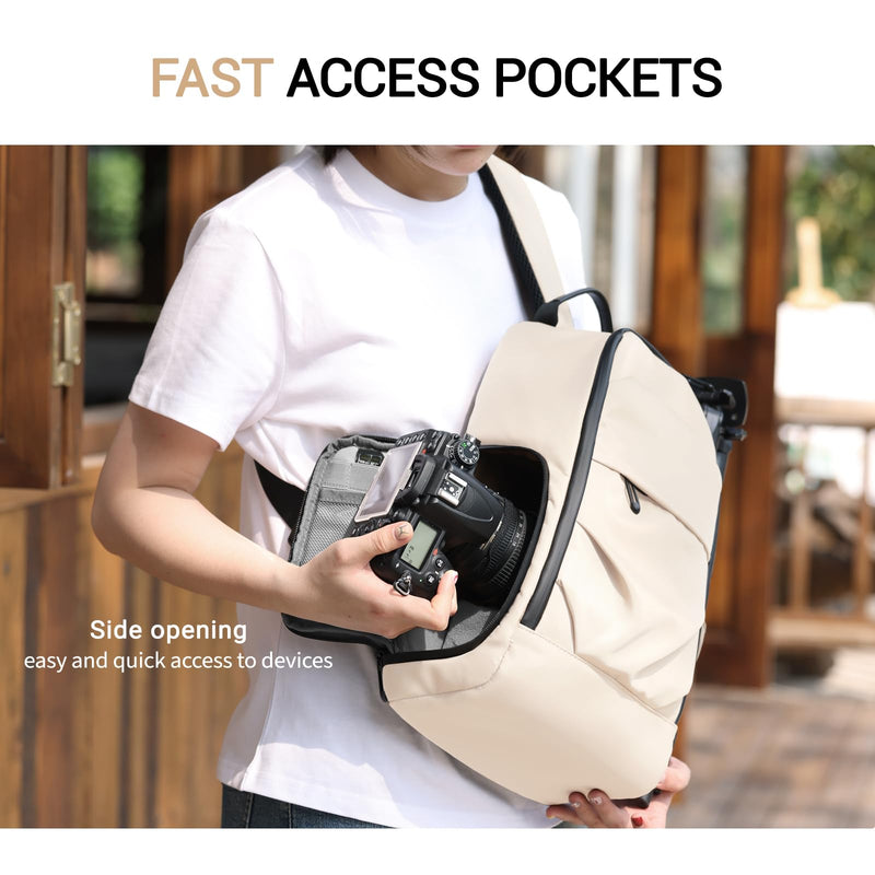 TAAOKA Camera Sling Bag for Photographe – Waterproof Crossbody Camera Bag with Fast Access Pockets, DSLR Cute Camera Bag for Nikon/Sony/Canon (Beige) Beige Medium 9.06 x 5.12 x 15.16 inches