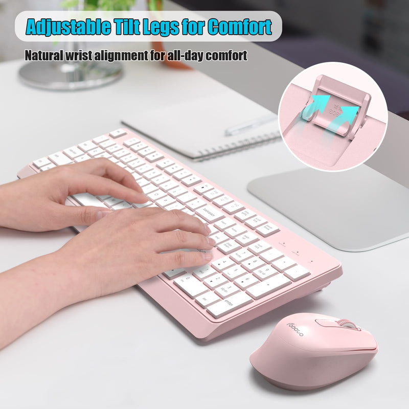 Wireless Keyboard and Mouse Combo Quiet for PC, Laptop and Mac - Pink | Single USB Receiver, Full Size with Number Pad, Silent, Low-Profile, Light Weight, Works with Windows & Mac for Home & Office