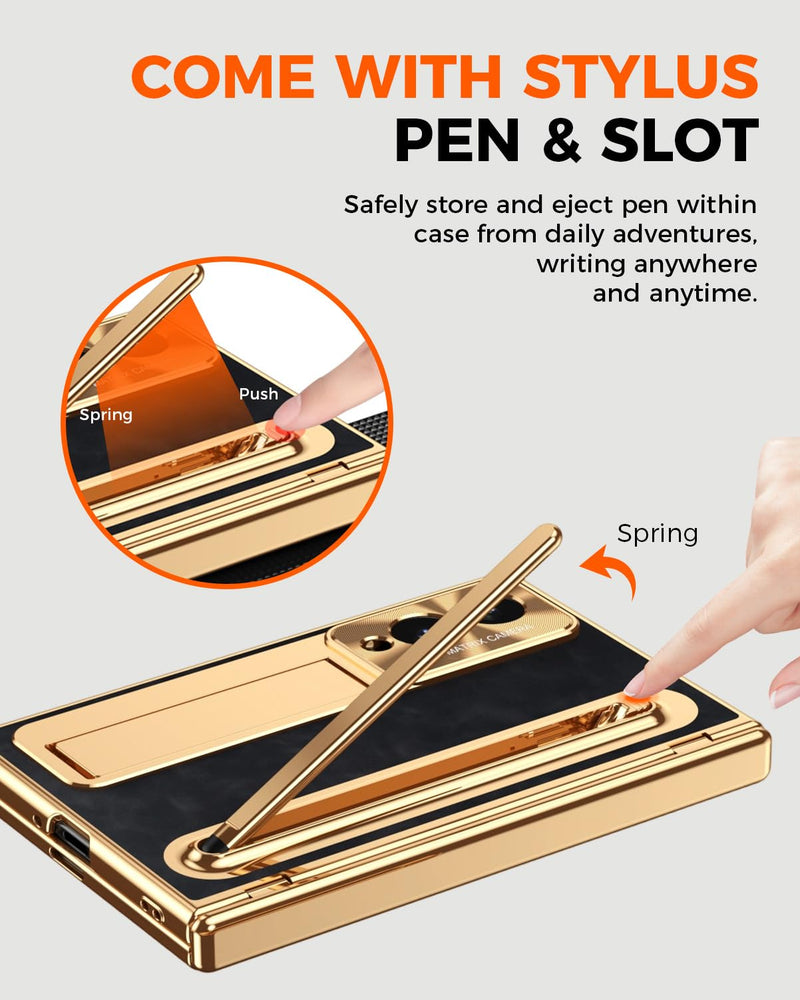 NINKI for Samsung Galaxy Z Fold 8 Case with S Pen Holder & Stylus, Galaxy Z Fold 8 Phone Case with Stand & Screen Protector, Plating Leather Hinge Protective Cover for Samsung Fold8 – Gold with Black Gold+Black