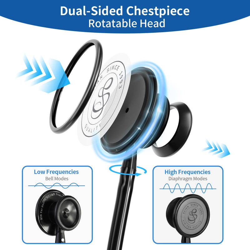 Scian Lightweight Stethoscope -Enhanced Acoustic, Satin-Flex Tube, Aluminum Featherlight Dual Head for Nurse Essentials, Black