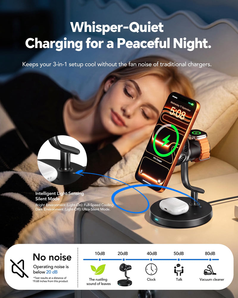 4 in 1 Wireless Charging Station,Qi2.2 Mag-Safe Charger with Cooling Fan | Mag-Safe Wireless Charger Stand with TEC Active Cooling and Night Light, for iPhone17/16/15/14/13/12, Apple Watch/AirPods Black