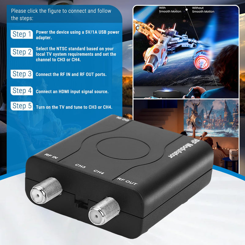 HDM61 HDMI to Coax Adapter, 1080P HDMI to RF Converter with NTSC Format Output CH3/CH4 Plug and Play RF Modulator for TV Antenna Signal