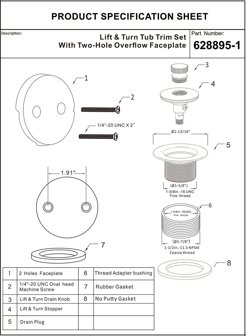 Champagne Bronze Lift & Turn Tub Trim Set with Two-Hole Overflow Faceplate and No Putty Gasket, Bathtub Conversion Kit Assembly with Universal Fine/Coarse Thread, No Putty Installation by Artiwell Champagne Bronze